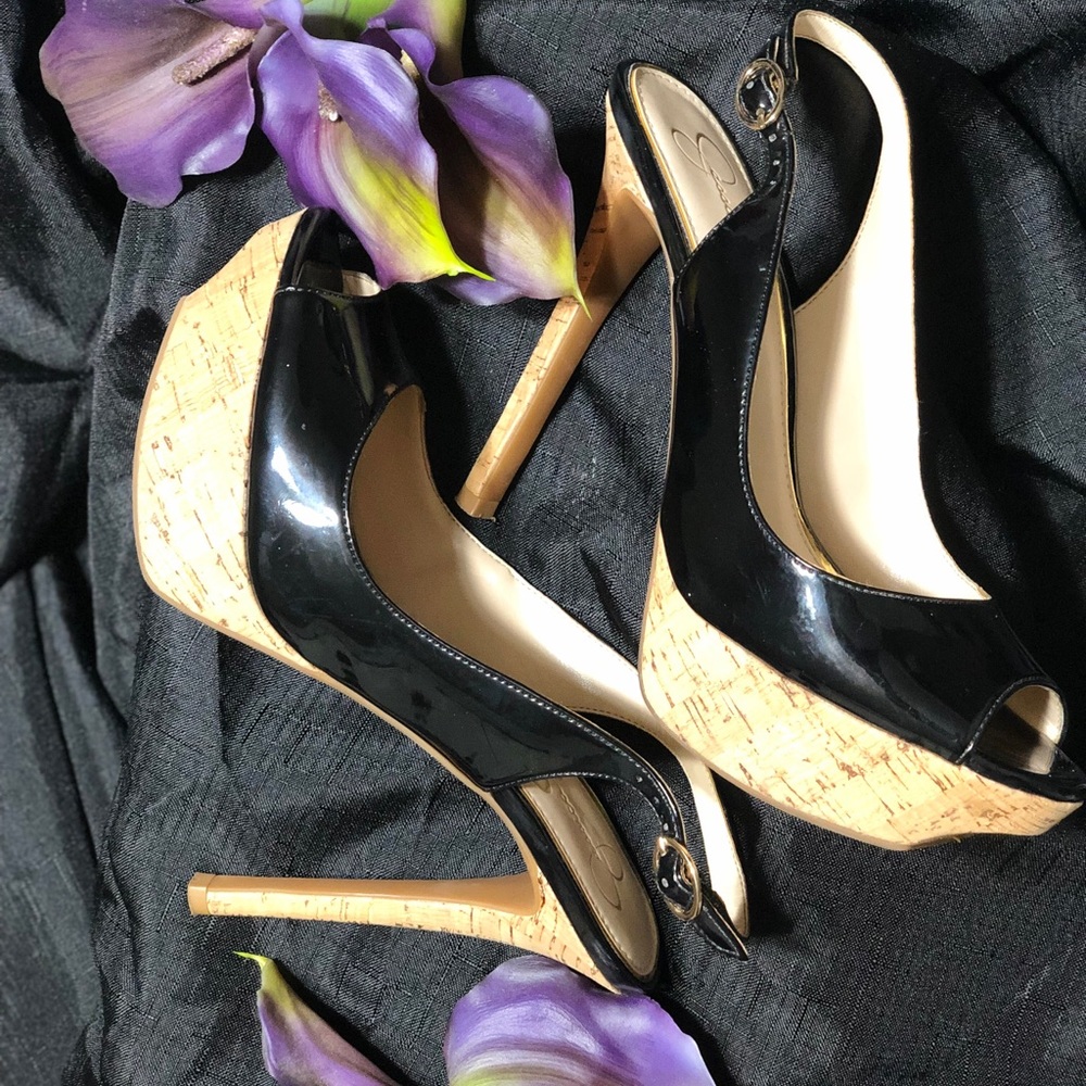 Black patent leather sling back with cork heel